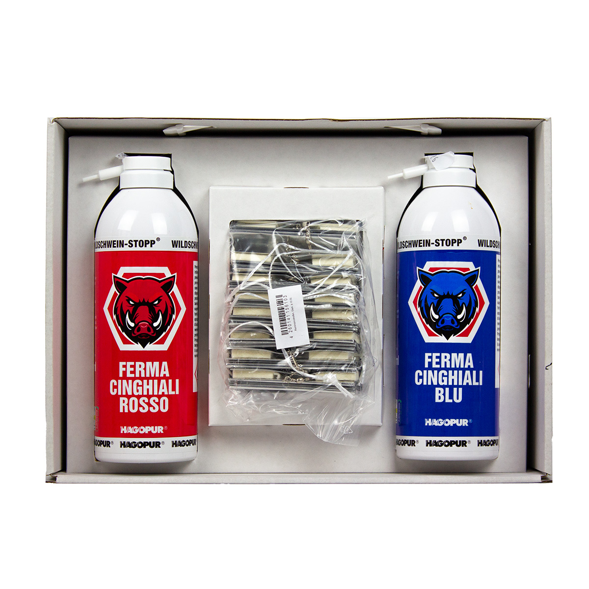 Wild Boar-Stop-Set, spray rosso + blu 400 ml + strisce di alluminio